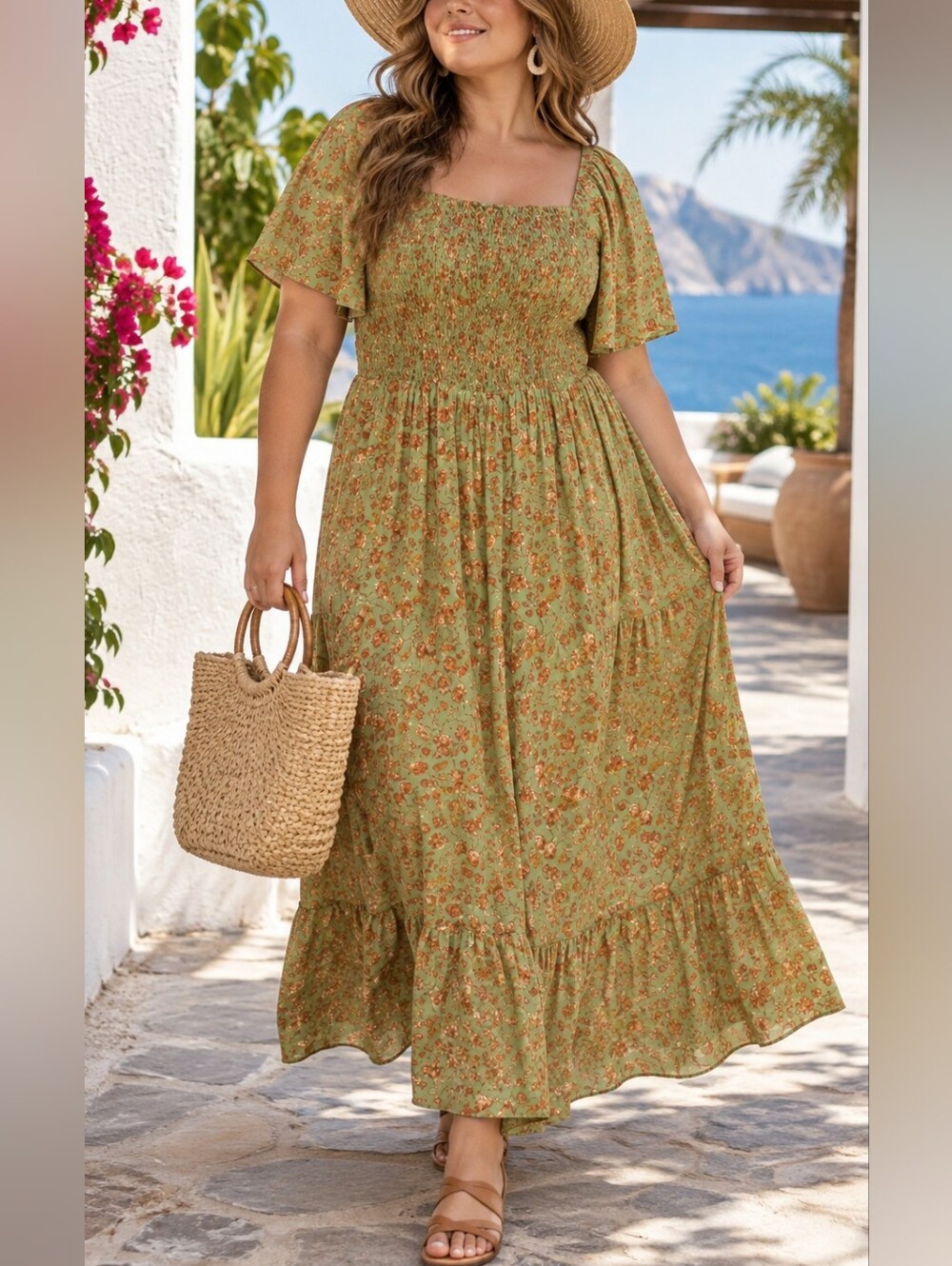 Heyson 1XL  Floral Smocked Maxi Dress Square Neck Flutter Sleeve